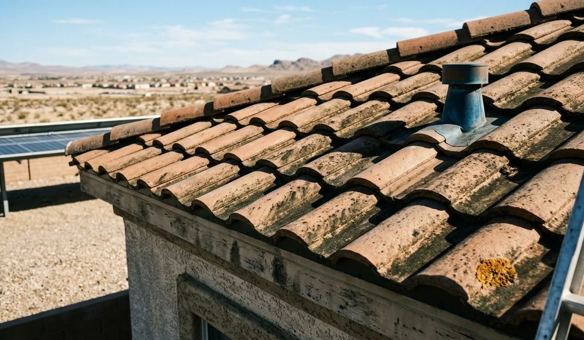 Algae and dust streaked tile roof before cleaning