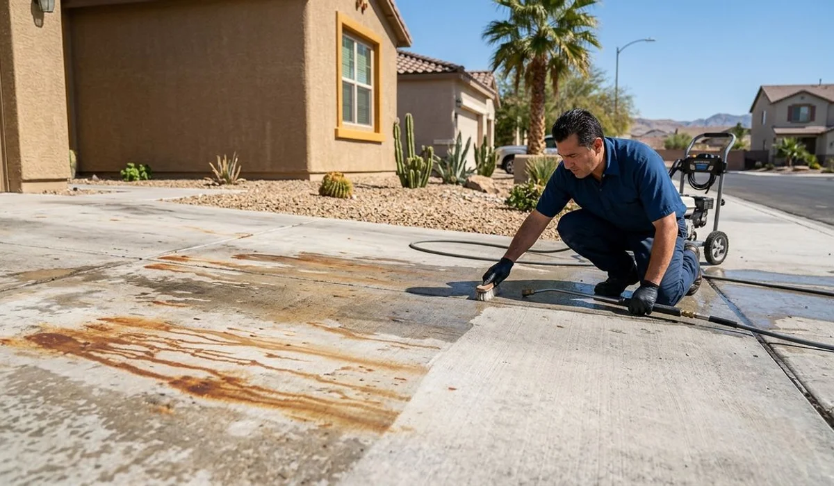 Before/after of rust stain removal on concrete