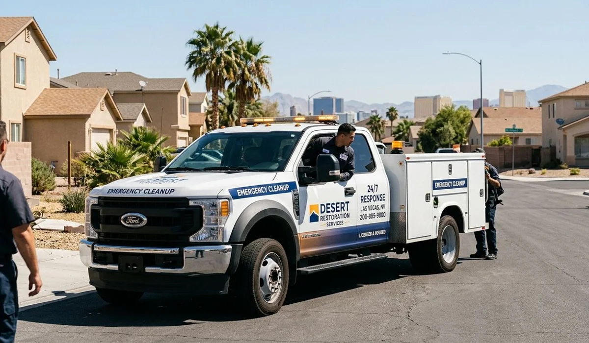 Branded service truck arriving for emergency cleanup