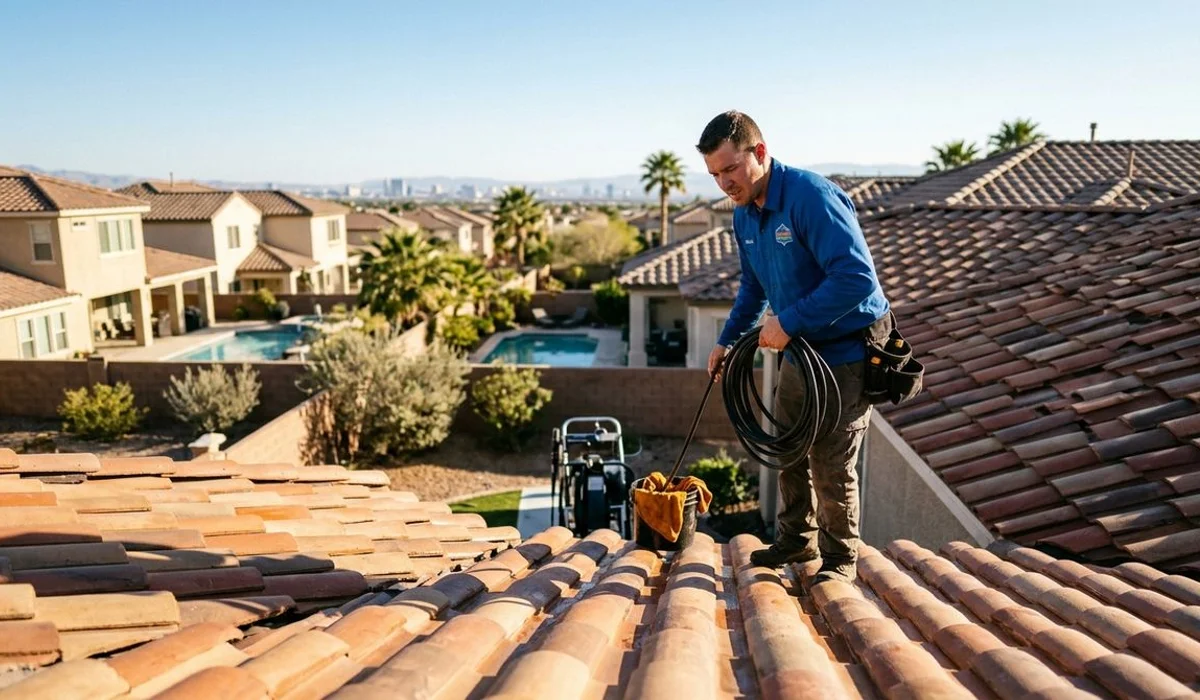Clean restored desert roof after soft wash