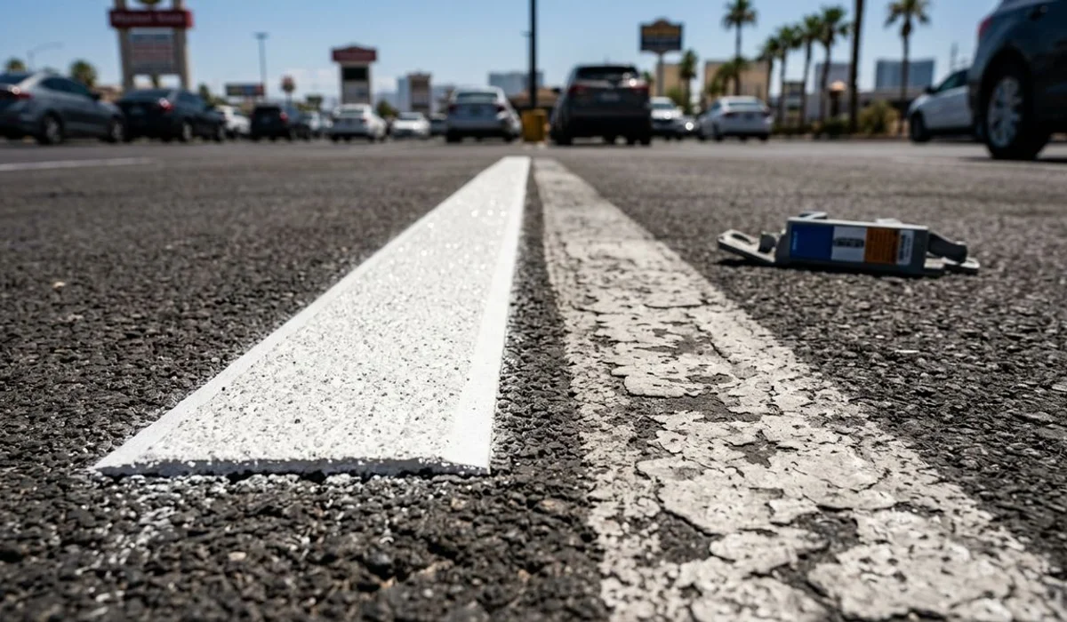 Close-up of crisp thermoplastic vs painted parking lines, bright sun