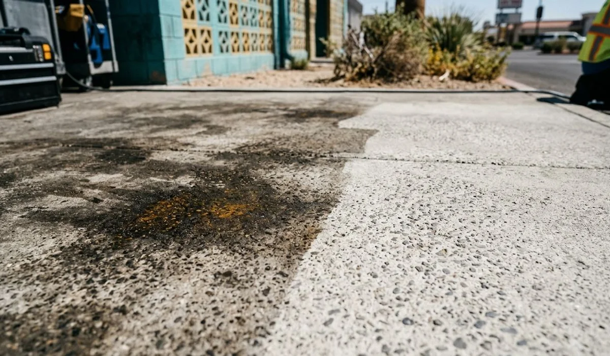 Close-up of grease penetration vs cleaned concrete