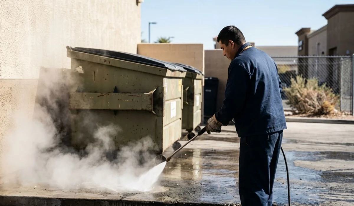 Hot-water degreasing of a restaurant dumpster pad, steam rising
