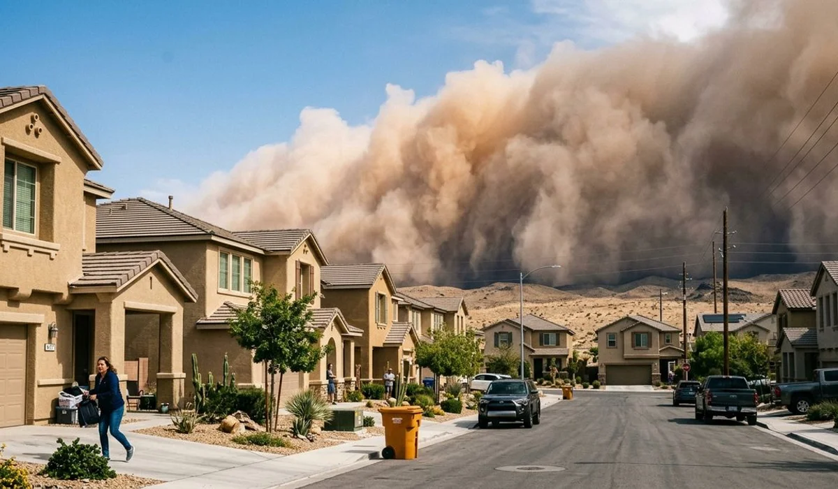 A Las Vegas dust storm rolling toward residential neighborhoods