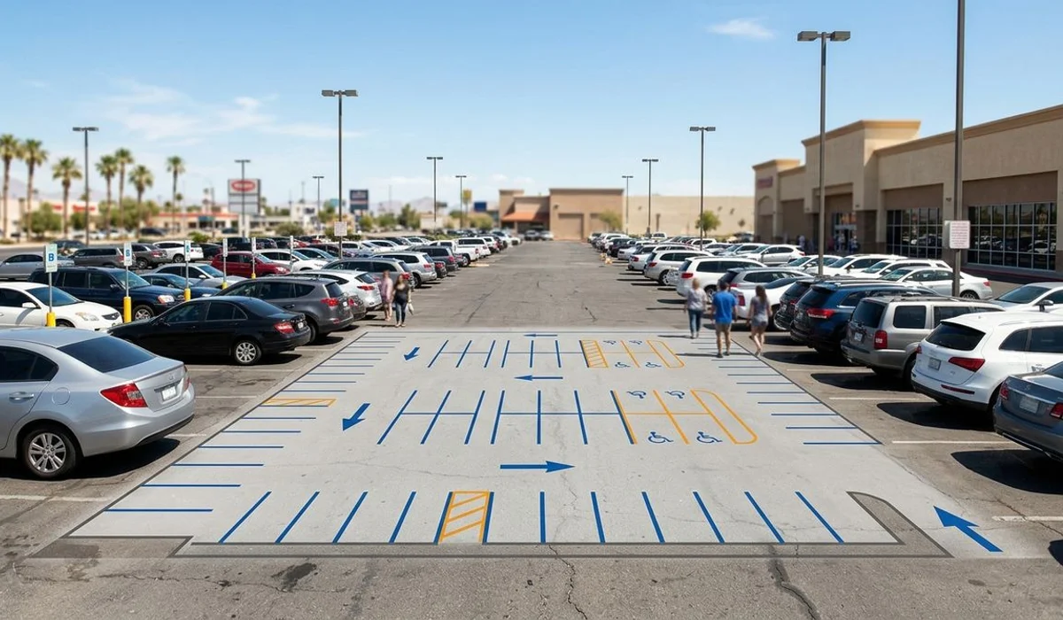 Parking layout plan overlay on a lot, brand colors