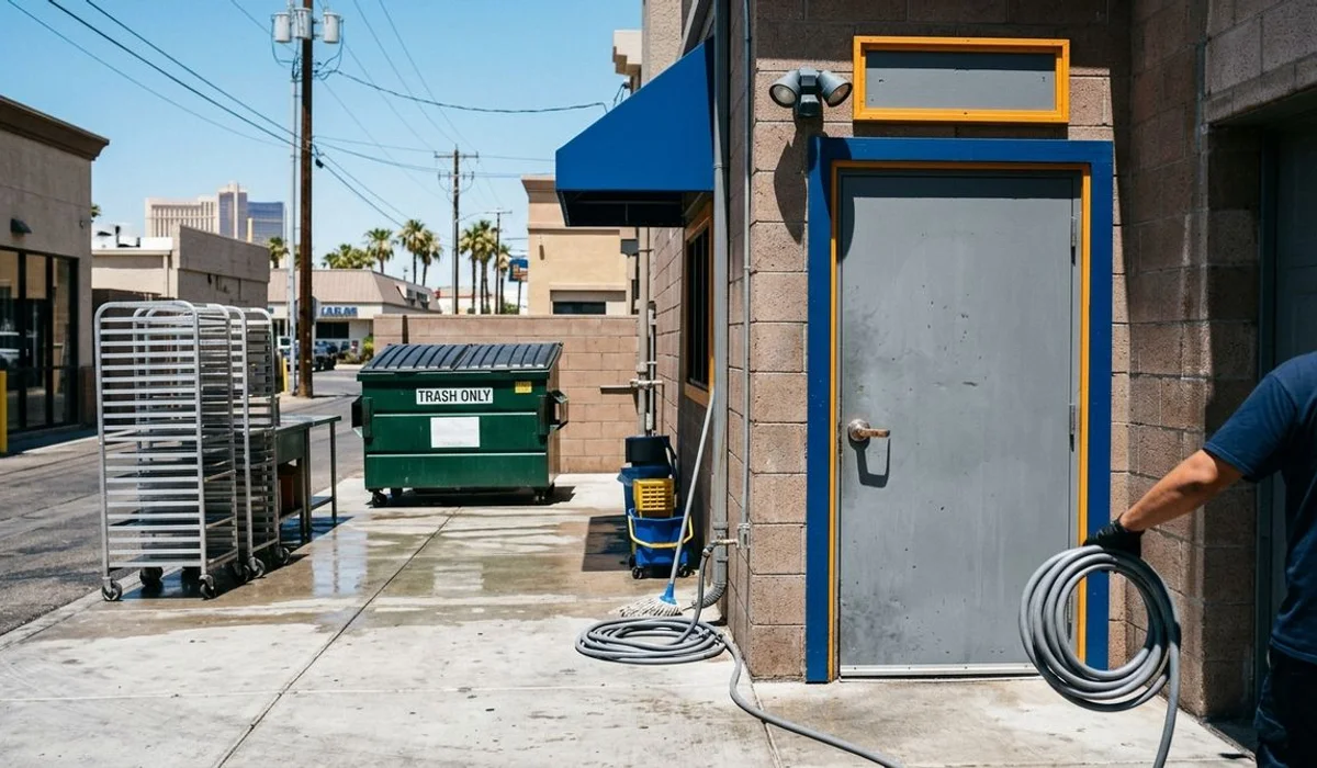Spotless restaurant rear entry and pad after degreasing, bright daylight