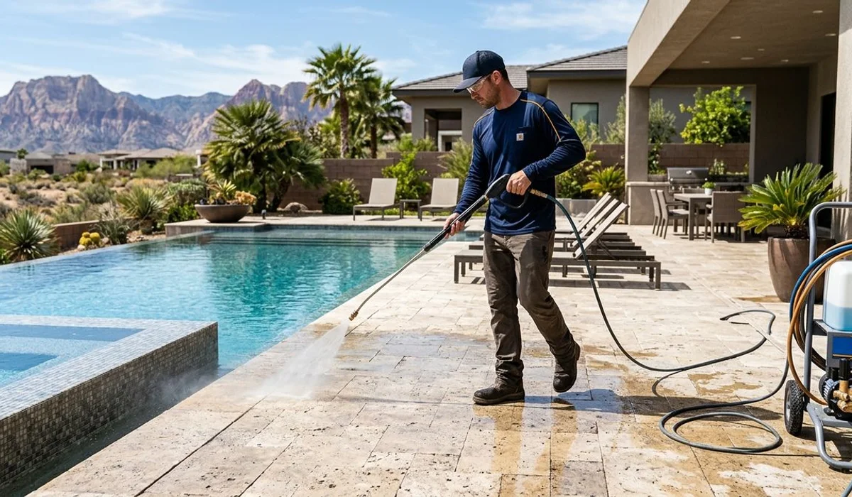 Travertine pool deck being soft washed
