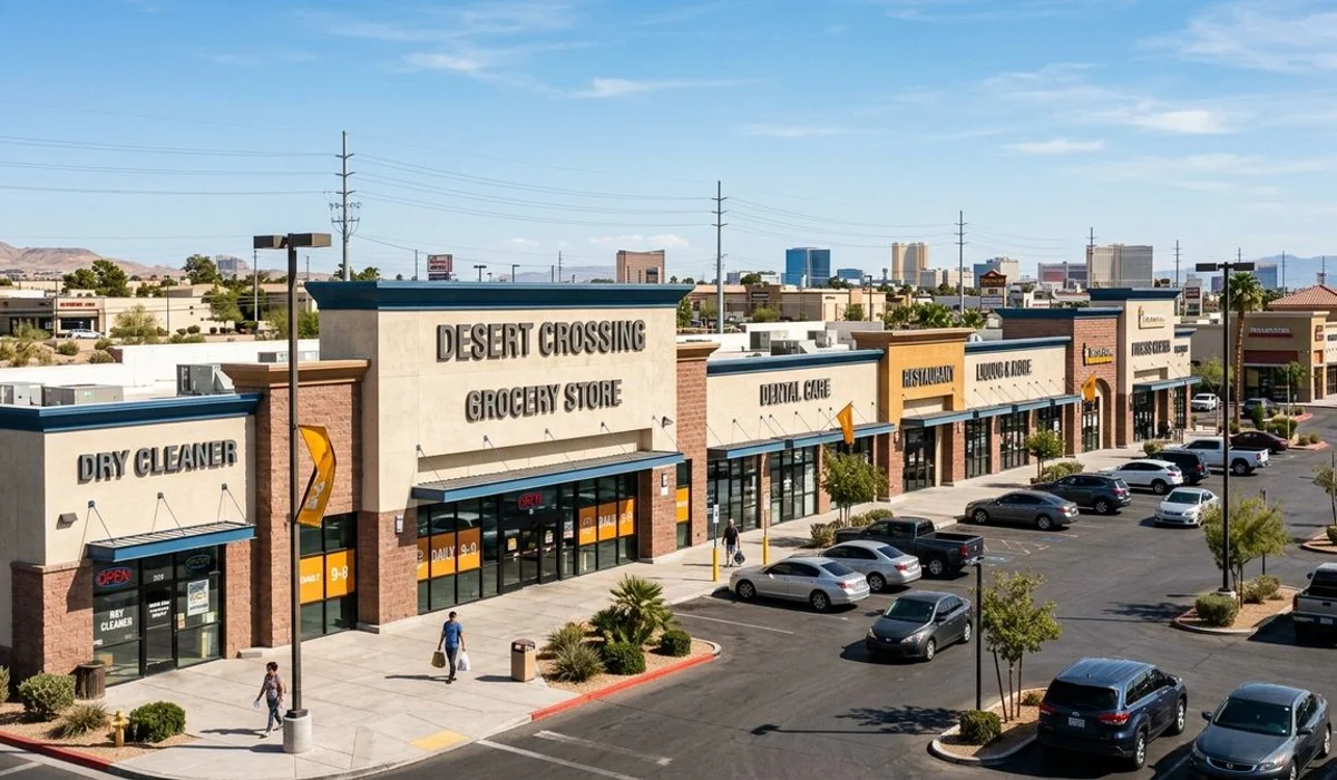 Wide shot of clean multi-tenant shopping plaza exterior