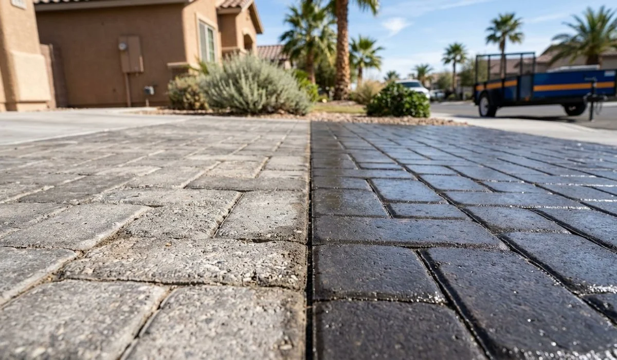 Worn vs freshly sealed paver sections side by side
